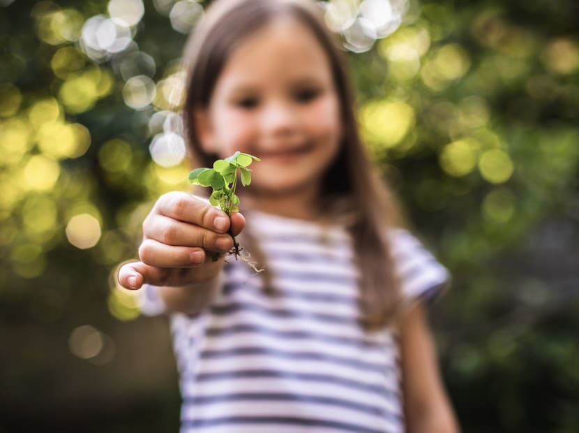 Mädchen entdeckt den Kräutergarten auf dem Kinderbauerhof Südtirol hält ein Mädchen Klee in der Hand.